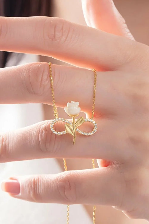 925 Sterling Silver Gold Plated White Rose Infinity Necklace Zircon