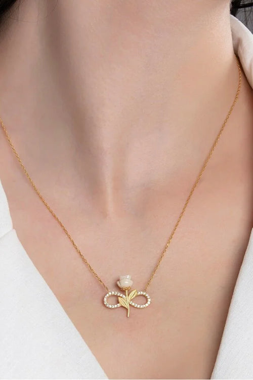 925 Sterling Silver Gold Plated White Rose Infinity Necklace Zircon