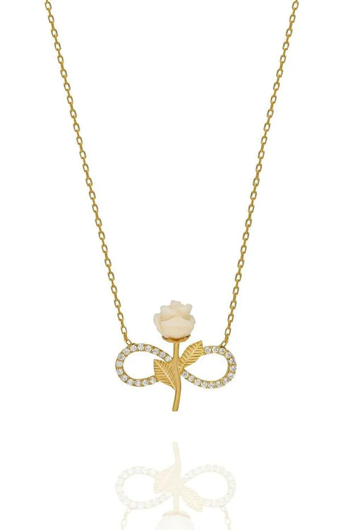 925 Sterling Silver Gold Plated White Rose Infinity Necklace Zircon